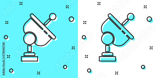 Black line Radar icon isolated on green and white background. Search system. Satellite sign. Random dynamic shapes. Vector Illustration.