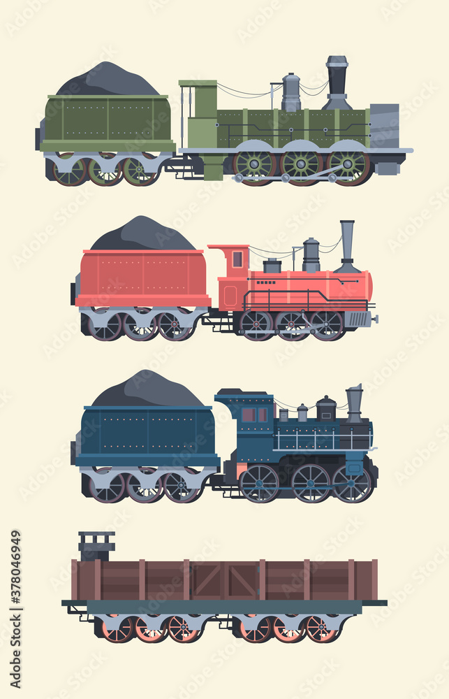 Fototapeta premium Retro steam locomotives set. Old steam powered trains coal trailers classic rail travel with smoke artistic color designs comfortable transportation symbol transport industry. Art cartoon vector.