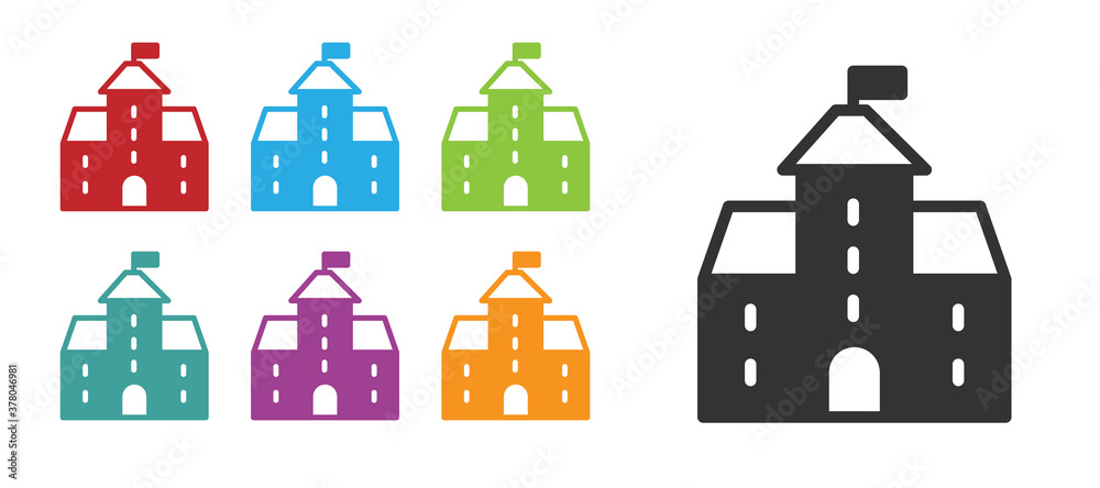 Black Castle icon isolated on white background. Medieval fortress with a tower. Protection from enemies. Reliability and defense of the city. Set icons colorful. Vector. Black Castle icon isolated on white background. Medieval fortress with a tower. Protection from enemies. Reliability and defense of the city. Set icons colorful. Vector.