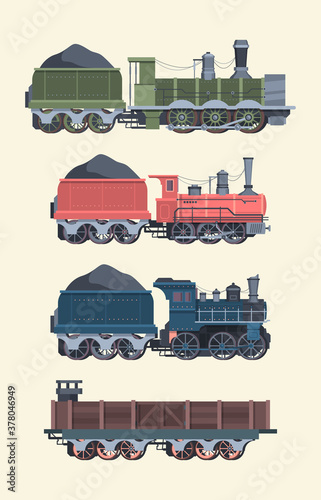 Retro steam locomotives set. Old steam powered trains coal trailers classic rail travel with smoke artistic color designs comfortable transportation symbol transport industry. Art cartoon vector.