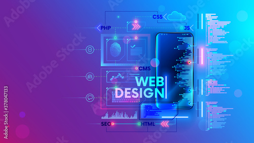 Web develop for mobile phone vector concept. Create Software and app for cell smartphones. Programming or coding site code. Working on a web design of corporate website. Process creates webpages. photo