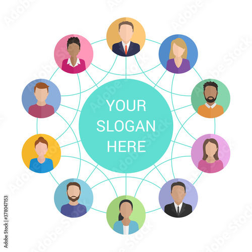 Social networking concept - people community - different people icons or avatars circular arranged and connected to each other by lines - flat vector illustration