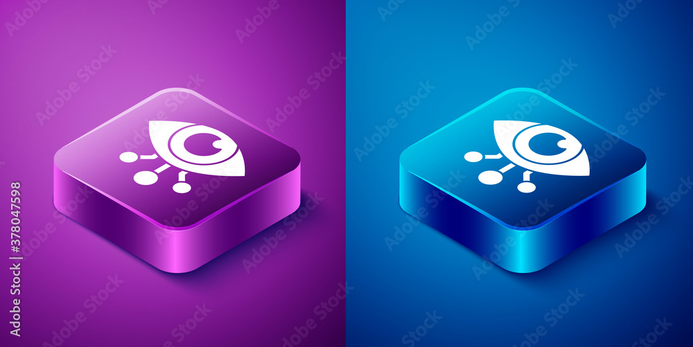 Isometric Eye scan icon isolated on blue and purple background. Scanning eye. Security check symbol. Cyber eye sign. Square button. Vector. Isometric Eye scan icon isolated on blue and purple background. Scanning eye. Security check symbol. Cyber eye sign. Square button. Vector.