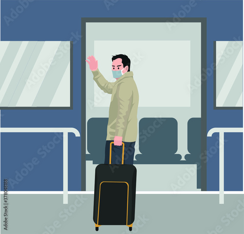 Masked traveler man using train for traveling during new normal
