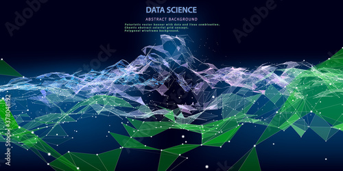 Chaotic abstract colorful grid concept on dark background . Futuristic vector banner with dots and lines combination. Polygonal wireframe background. Big data. Data science.