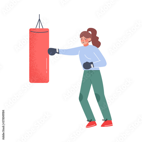 Young Woman Hitting Punching Bag with Boxing Gloves to Calm Down Stressful Emotion, Person Relaxing, Reducing and Managing Stress Cartoon Style Vector Illustration