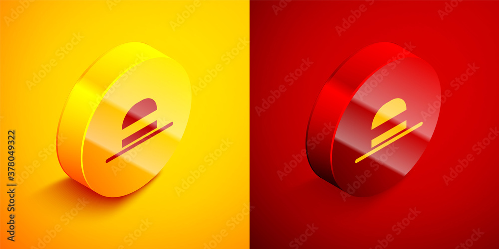 Isometric Elegant women hat icon isolated on orange and red background. Circle button. Vector. Isometric Elegant women hat icon isolated on orange and red background. Circle button. Vector.