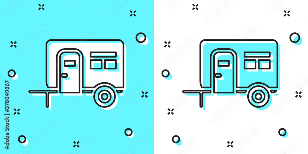 Black line Rv Camping trailer icon isolated on green and white background. Travel mobile home, caravan, home camper for travel. Random dynamic shapes. Vector. Black line Rv Camping trailer icon isolated on green and white background. Travel mobile home, caravan, home camper for travel. Random dynamic shapes. Vector.