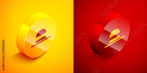 Isometric Elegant women hat icon isolated on orange and red background. Circle button. Vector.