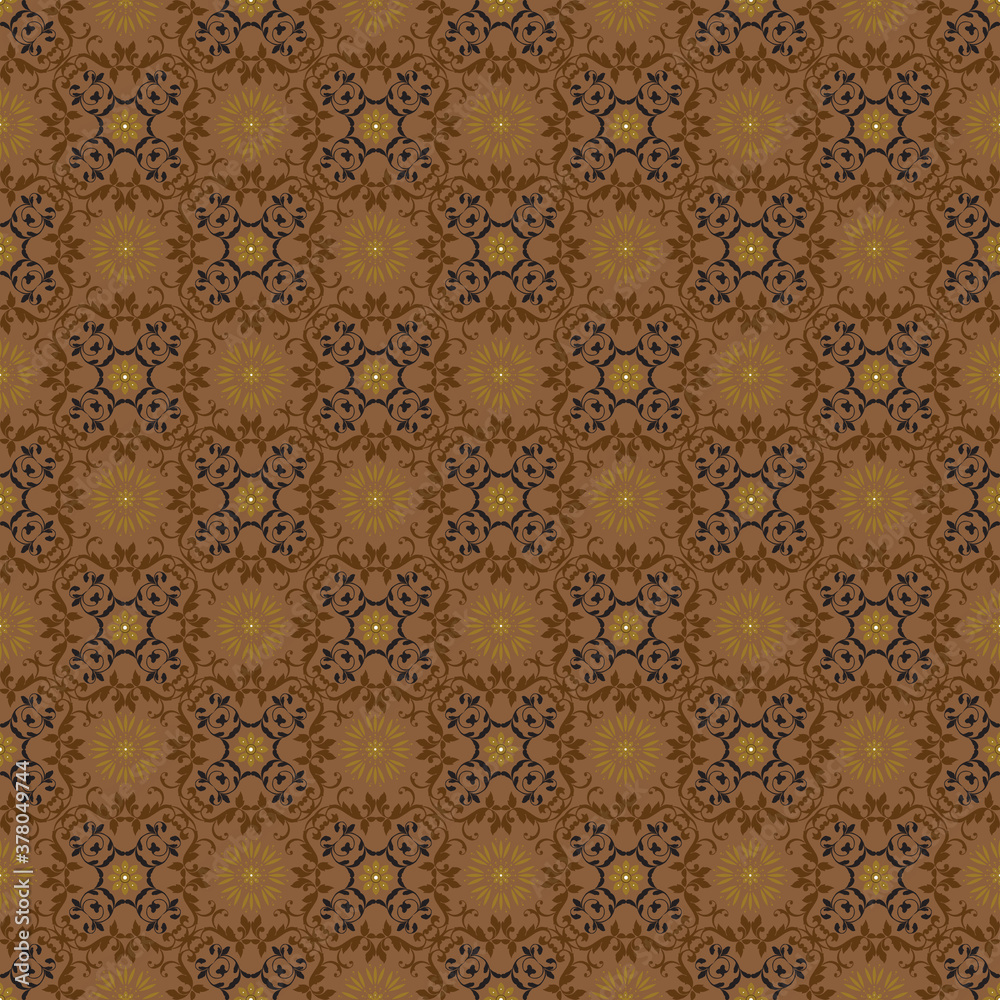 Vintage flower pattern on Solo batik with smooth dark brown color design.