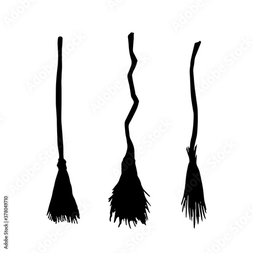 hand drawn set of three mail. Vector traced illustration of black silhouettes of witch brooms