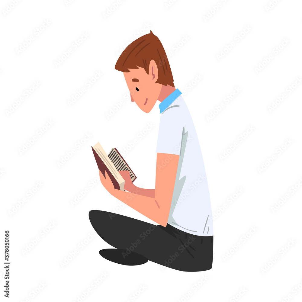 Guy in Casual Clothes Reading Book, Male Student Sitting on Lawn, Side View Cartoon Vector Illustration Guy in Casual Clothes Reading Book, Male Student Sitting on Lawn, Side View Cartoon Vector Illustration
