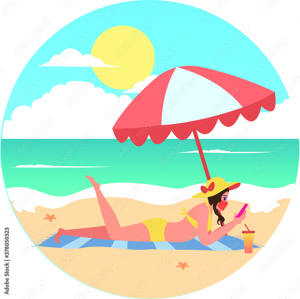 Masked woman sunbathing on the beach during holiday illustration