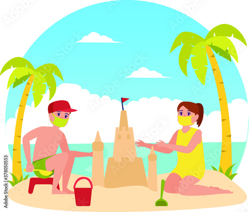Masked young kids are building a sand castle at the beach during holiday illustration