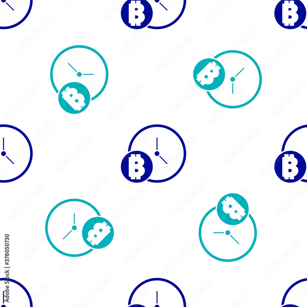 Blue Cryptocurrency coin Bitcoin with clock icon isolated seamless pattern on white background. Physical bit coin. Blockchain based secure crypto currency. Vector. Blue Cryptocurrency coin Bitcoin with clock icon isolated seamless pattern on white background. Physical bit coin. Blockchain based secure crypto currency. Vector.