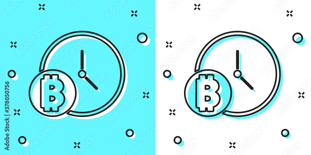Black line Cryptocurrency coin Bitcoin with clock icon isolated on green and white background. Physical bit coin. Blockchain based secure crypto currency. Random dynamic shapes. Vector. Black line Cryptocurrency coin Bitcoin with clock icon isolated on green and white background. Physical bit coin. Blockchain based secure crypto currency. Random dynamic shapes. Vector.