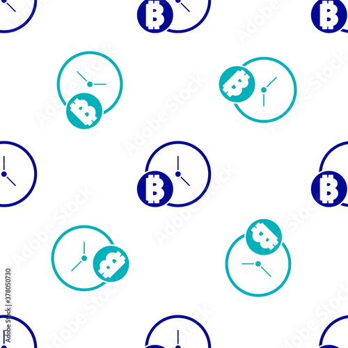 Blue Cryptocurrency coin Bitcoin with clock icon isolated seamless pattern on white background. Physical bit coin. Blockchain based secure crypto currency. Vector.