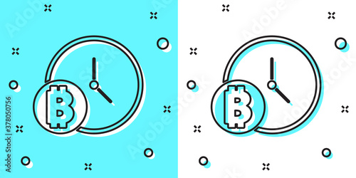 Black line Cryptocurrency coin Bitcoin with clock icon isolated on green and white background. Physical bit coin. Blockchain based secure crypto currency. Random dynamic shapes. Vector.