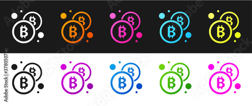 Set Cryptocurrency coin Bitcoin icon isolated on black and white background. Physical bit coin. Blockchain based secure crypto currency. Vector.