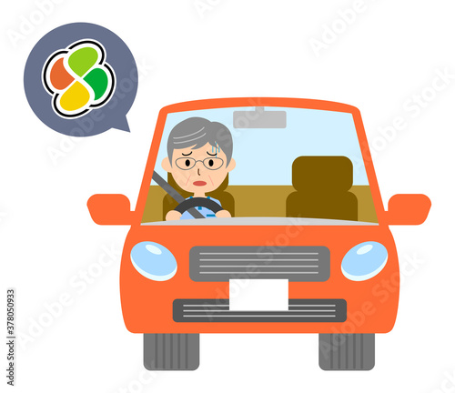 高齢者マークで赤い自動車を運転する男性のベクターイラスト