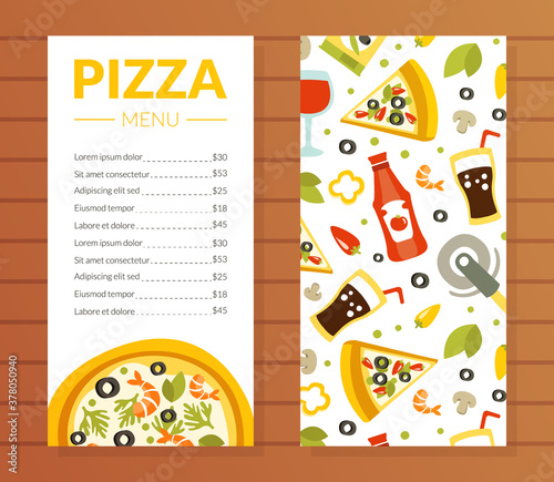 Pizza Menu Template, Traditional Italian Cuisine Dishes, Restaurant and Cafe Menu, Food Ingredients Seamless Pattern Vector Illustration