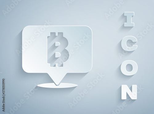 Paper cut Cryptocurrency coin Bitcoin icon isolated on grey background. Physical bit coin. Blockchain based secure crypto currency. Paper art style. Vector.