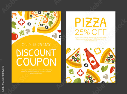 Italian Pizza Card Templates Set with Traditional Food Ingredients Seamless Pattern, Food Menu, Restaurant, Cafe Design Element, Coupon, Leaflet, Flyer Vector Illustration