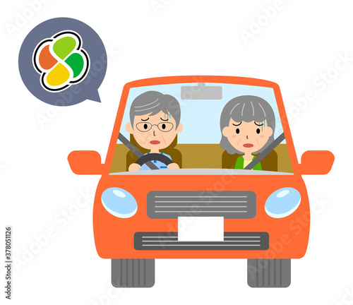 高齢者マークで赤い自動車を運転する男性のベクターイラスト