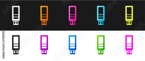Set USB flash drive icon isolated on black and white background. Vector.