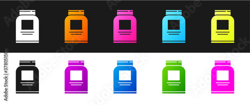 Set Sports nutrition bodybuilding proteine power drink and food icon isolated on black and white background. Vector.