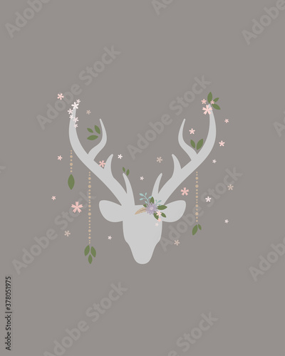 Beautiful boho card with silhouette of deer head with antlers, feathers and flowers, green leaves and wild berry sprig.