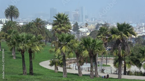 Dolores Park with smoky San Francisco skyline photo