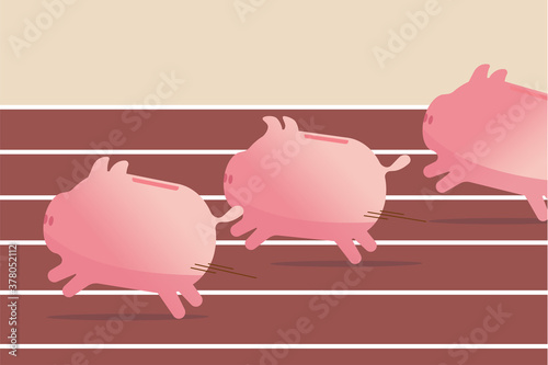 Mutual funds, stock investment performance or savings, business profit concept, pink piggy banks running fast to reach target, they compete on race track and field path to win the finance money game.