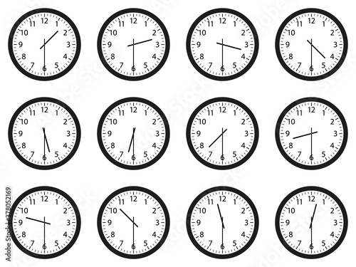 Set of analog wall clocks with black frame and hands. Flat style vector illustration. Simple classic round wall clock with Arab numbers isolated on white background