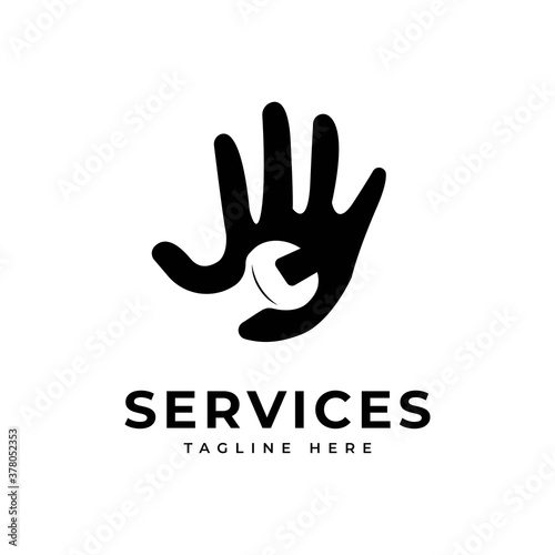 Hand with wrench symbol illustration.Logo services vector template