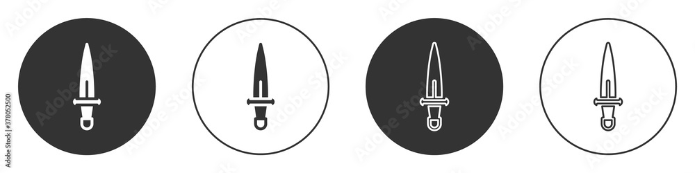 Black Dagger icon isolated on white background. Knife icon. Sword with sharp blade. Circle button. Vector. Black Dagger icon isolated on white background. Knife icon. Sword with sharp blade. Circle button. Vector.