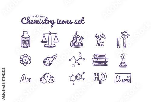 Chemistry icons set. Hand drawn chemical pictograms. Test tubes, reactions, atom, molecules, formula and other scientific items. Vector illustration in doodle style