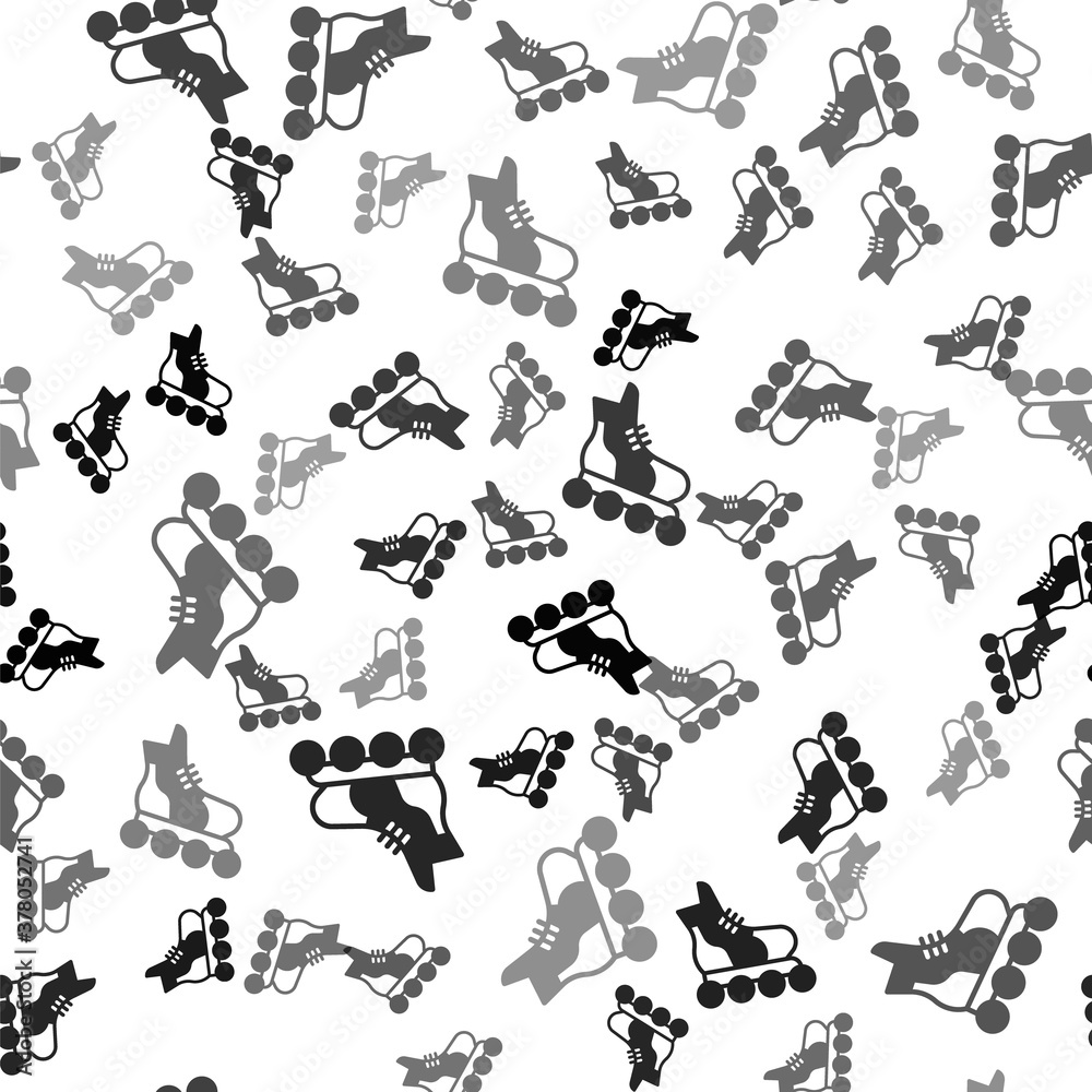 Black Roller skate icon isolated seamless pattern on white background. Vector.