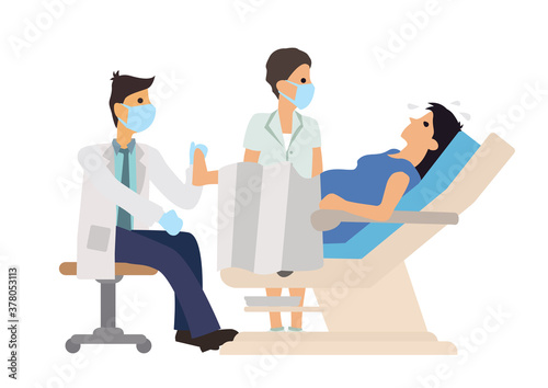 Doctor and Nurse helping a woman in labour. Childbirth concept.