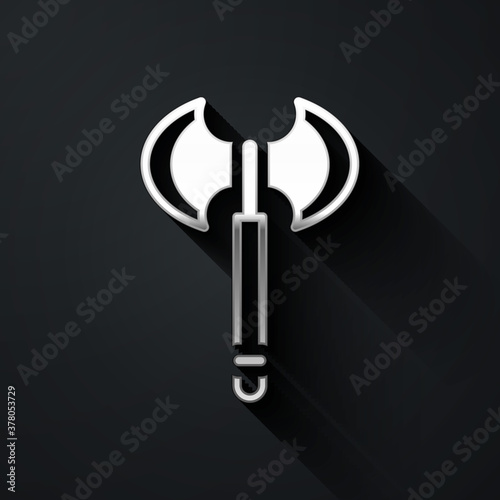 Silver Medieval axe icon isolated on black background. Battle axe, executioner axe. Medieval weapon. Long shadow style. Vector.