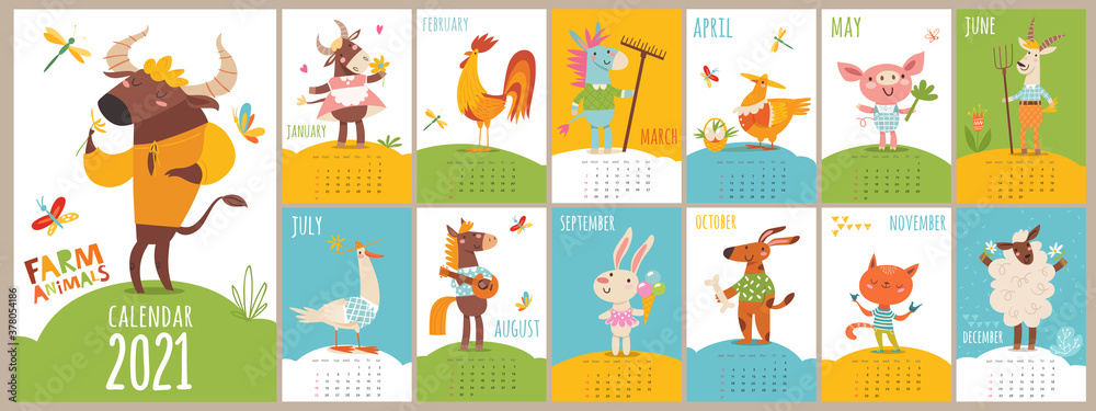 Vector cartoon 2021 calendar with funny farm animals Vector cartoon 2021 calendar with funny farm animals