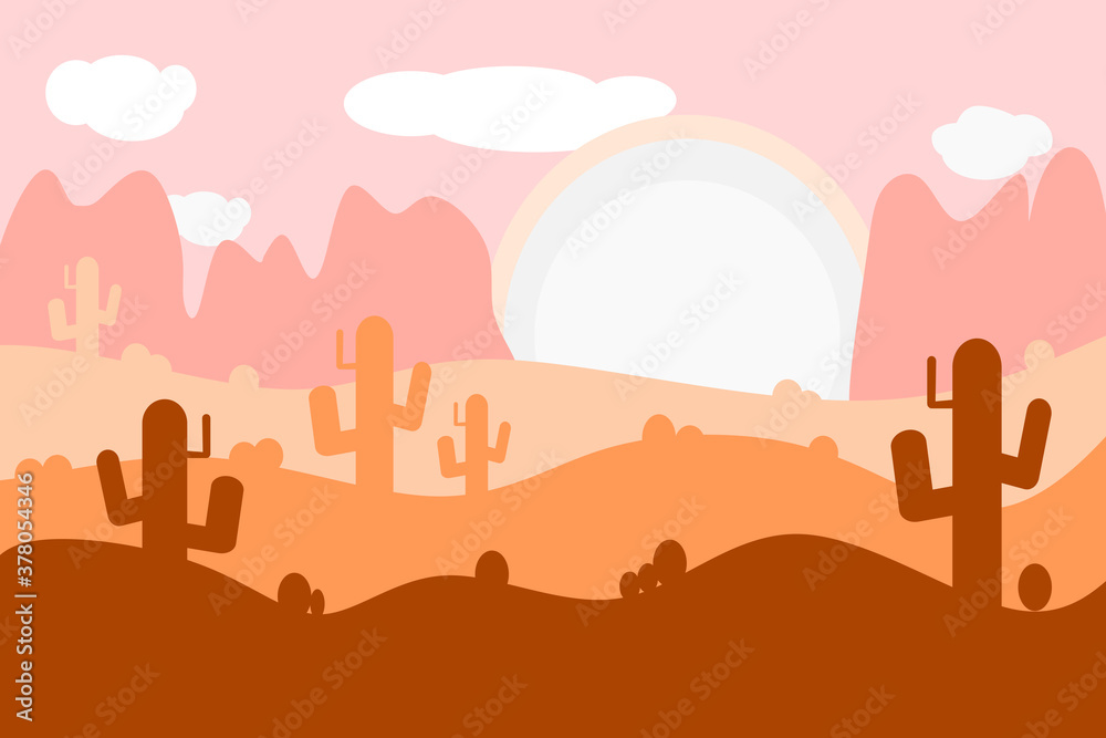 Graphic design of sunset landscape in plain color. Outdoor sunset landscape in desert with cactus and mountains. Graphic design of sunset landscape in plain color. Outdoor sunset landscape in desert with cactus and mountains.