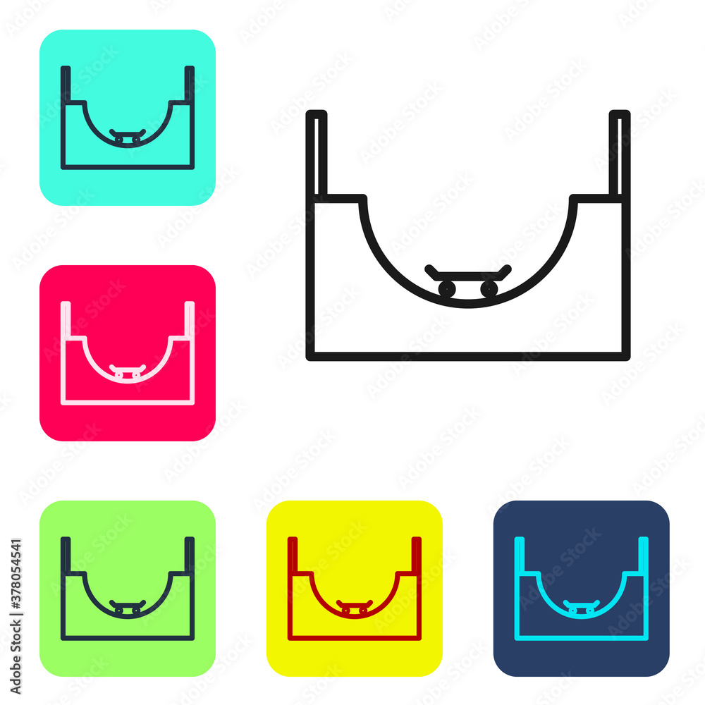 Black line Skate park icon isolated on white background. Set of ramp, roller, stairs for a skatepark. Extreme sport. Set icons in color square buttons. Vector Illustration. Black line Skate park icon isolated on white background. Set of ramp, roller, stairs for a skatepark. Extreme sport. Set icons in color square buttons. Vector Illustration.