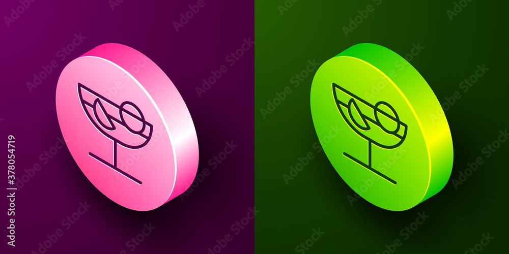 Isometric line Cocktail icon isolated on purple and green background. Circle button. Vector Illustration. Isometric line Cocktail icon isolated on purple and green background. Circle button. Vector Illustration.