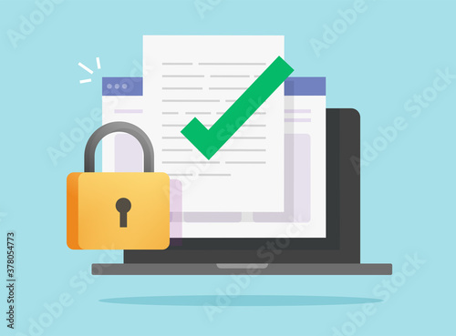 Document data secure confidential online access locked on laptop computer vector or internet web text file privacy protection block flat icon, concept of private secret digital electronic lock photo