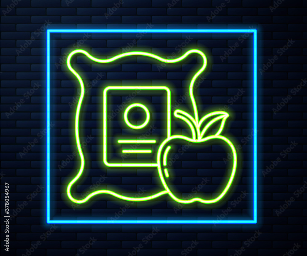Glowing neon line Apple in the sack icon isolated on brick wall background. Apples in a canvas bag. Farmers market. Vector Illustration. Glowing neon line Apple in the sack icon isolated on brick wall background. Apples in a canvas bag. Farmers market. Vector Illustration.