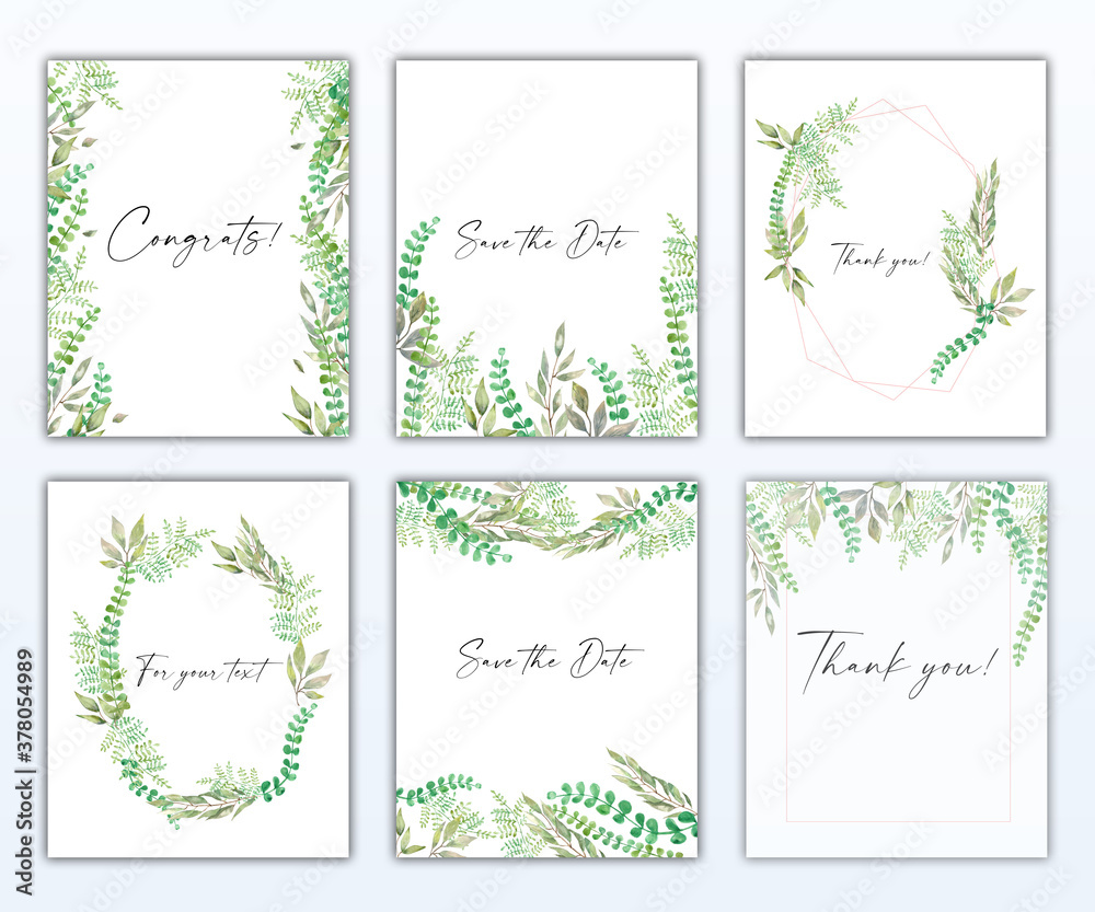 Watercolor illustration. A set of templates in the form of frames with elements of greenery. Frames with green twigs, leaves and flora elements for your design, prints, cards, invitations.