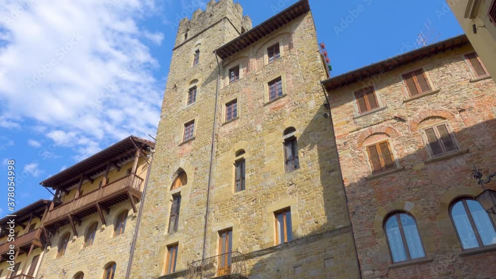 Arezzo, Tuscany - Italy: The Piazza Grande site of Giostra del Saracino and Antiques Fair. Gimbal ProRes 422 Color Graded from S-LOG2 4K cinematic footage Arezzo, Tuscany - Italy: The Piazza Grande site of Giostra del Saracino and Antiques Fair. Gimbal ProRes 422 Color Graded from S-LOG2 4K cinematic footage