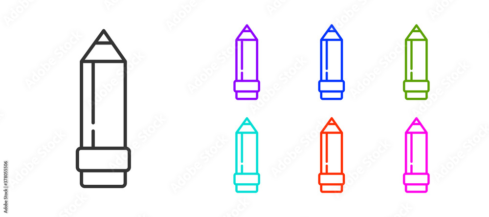 Black line Pencil with eraser icon isolated on white background. Drawing and educational tools. School office symbol. Set icons colorful. Vector Illustration. Black line Pencil with eraser icon isolated on white background. Drawing and educational tools. School office symbol. Set icons colorful. Vector Illustration.
