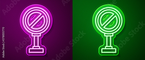 Glowing neon line Stop sign icon isolated on purple and green background. Traffic regulatory warning stop symbol. Vector Illustration.